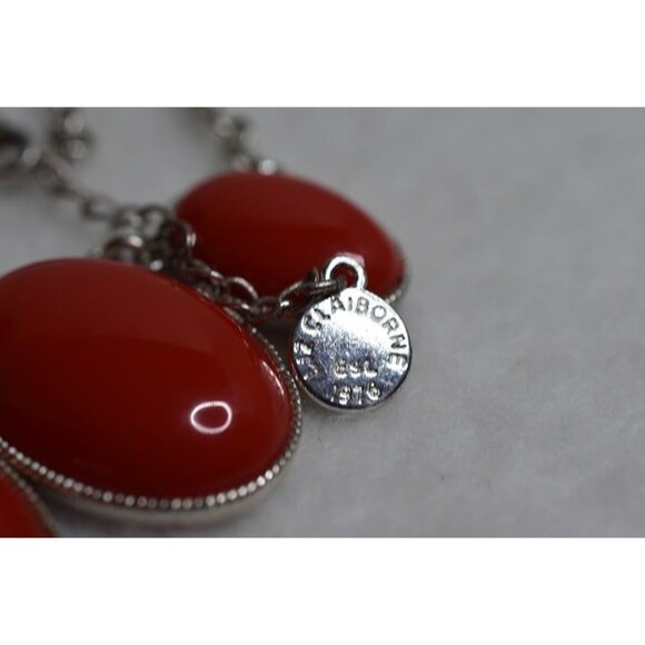 Liz Claiborne Retro Red Stone Silver Tone Link Chain Statement Bib Necklace - Picture 3 of 4